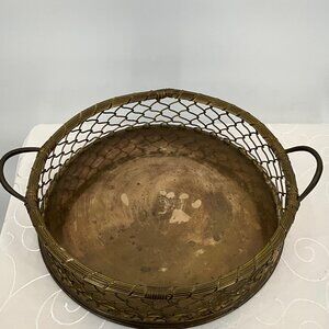 Vintage Brass Round Wire Basket Tray With Handles 12" Diameter‎